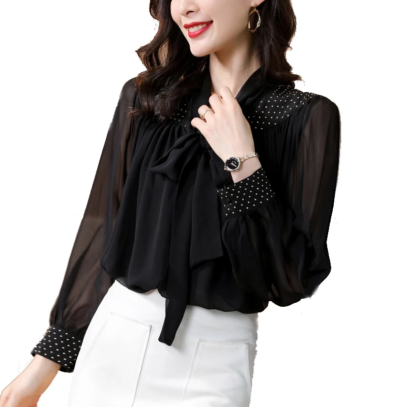 

100% Silk Women's Shirt Lace Up Bow Long Sleeves Beaded Fashion High Street Blouse Camisas Tops