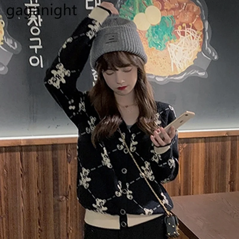 

Gaganight, винтажный Женский вязаный кардиган с медведем, Женская корейская мода, осенне-зимняя одежда для женщин, Короткие топы с длинными рука...