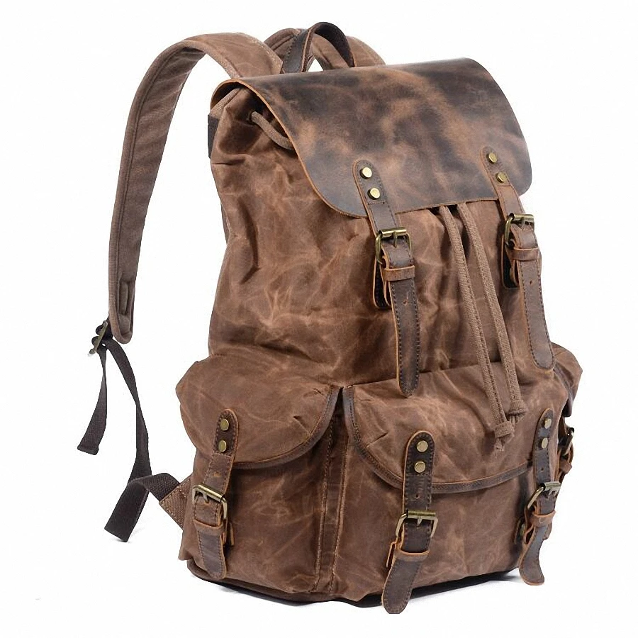 New 2020 Men's Vintage School Bags Travel Sports Camping Hiking Rucksack Quality Waxed Canvas Leather Casual Men Laptop Backpack | Спорт и