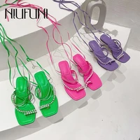 niufuni ankle strap summer womens sandals candy color set toe round mid heel pearl beaded women shoes fashion sandal flip flops