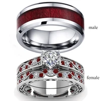 carofeez couple ring jewelry 8mm stainless steel red imitation wood men ring womens heart zircon engagement ring wedding band