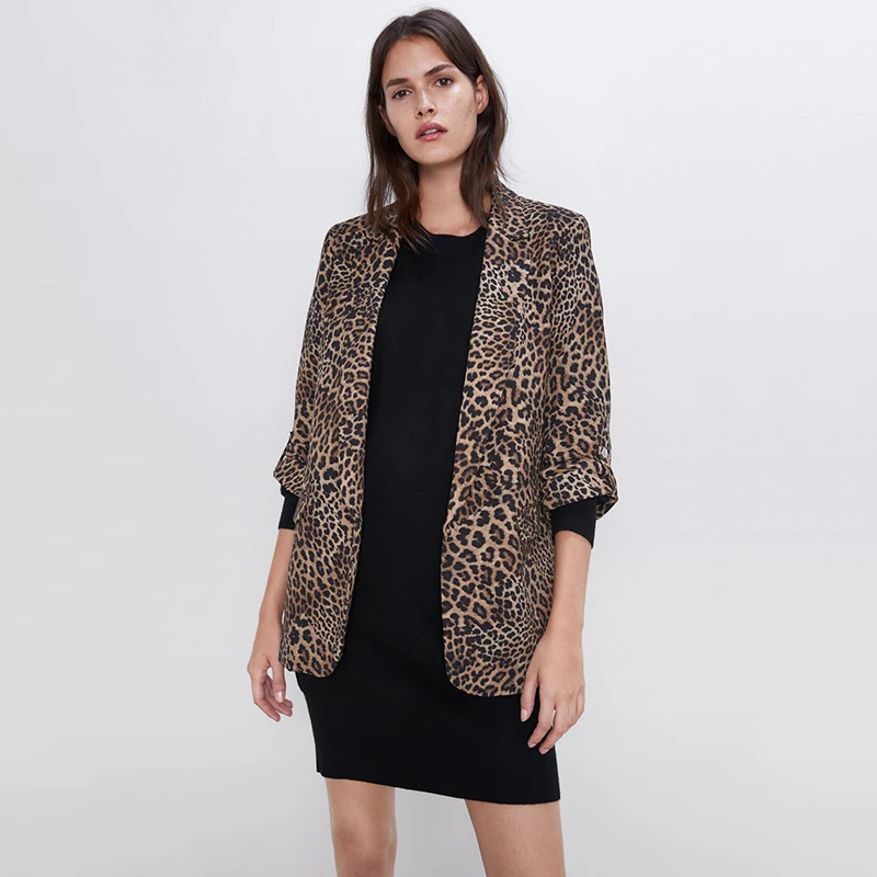 ZA новый костюм куртка Женская мода Леопардовый принт лацканы с длинными рукавами