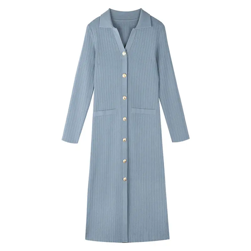

HSTAR Long Sleeve Knitted Dresses 2020 Autumn Winter New Elegant Sweater Dress Korean Turn-down Collar Slim Vestidos