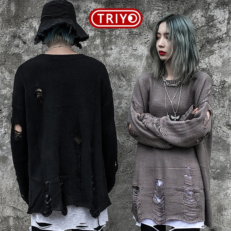TRIYO 2021 Solid Ripped Knitted Womens Sweaters Harajuku Hip Hop Tops Fashion Streetwear Casual Female Pullover Outwear Black | Женская