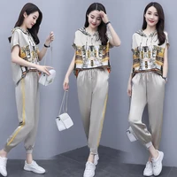 2021 new pant suit women summer korean ice silk suit female temperament fashion casual short sleeve sportswear sets trend 411