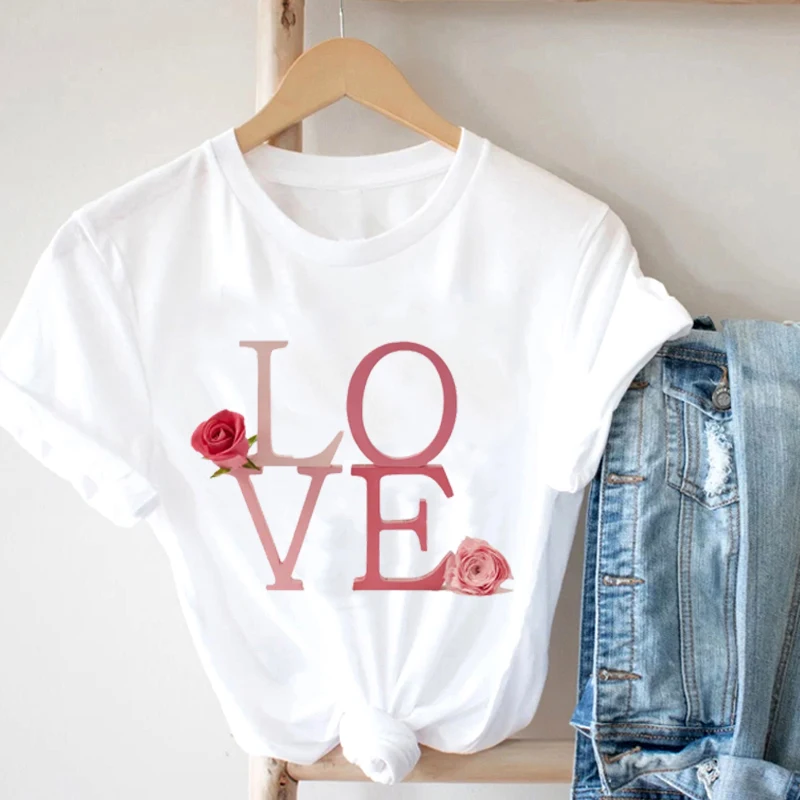 

Crop T-Shirt Shirts Woman Fashion Cute Clothes Women's Summer T-Shirts Summer Women Blouses Printed T-Shirt With Rose Love Text