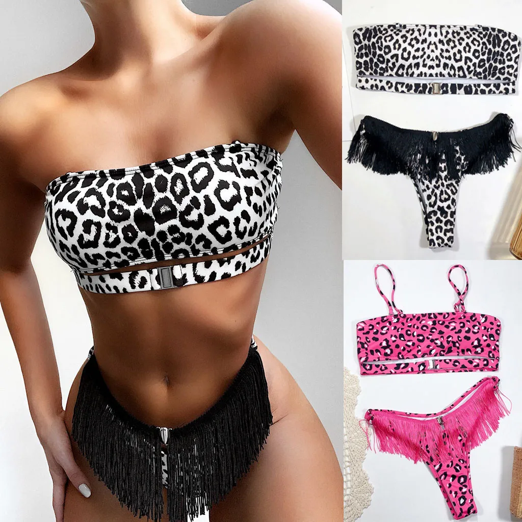 Купальник женский из 2 предметов бикини с кисточками стринги баннер купальник