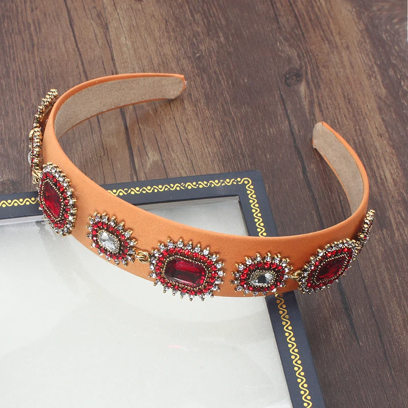 Wide Vinatge Baroque Luxury Red Crystal Tiara Queen Headband Sparkly Rhinestone Hairband For Women Wedding Hair Accessories