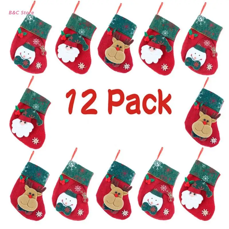 

24BC 12Pcs Christmas Stockings Tableware Holders Cartoon Santa Rustic Hanging Socks