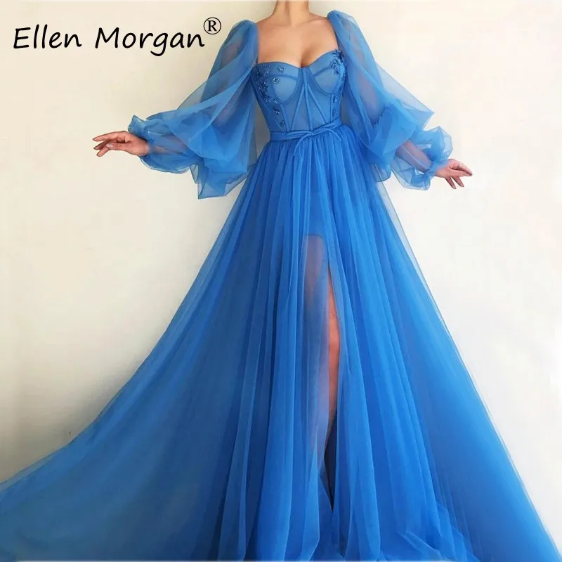 

Blue Tulle Long Sleeves Evening Dresses 2020 Sexy Sweetheart Split Sweep Train Ruffles Custom Made Formal Party Gowns for Women