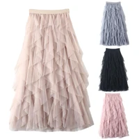 80 hot sales%ef%bc%81%ef%bc%81%ef%bc%81casual women autumn solid color high waist elastic mesh ruffled long tulle skirt