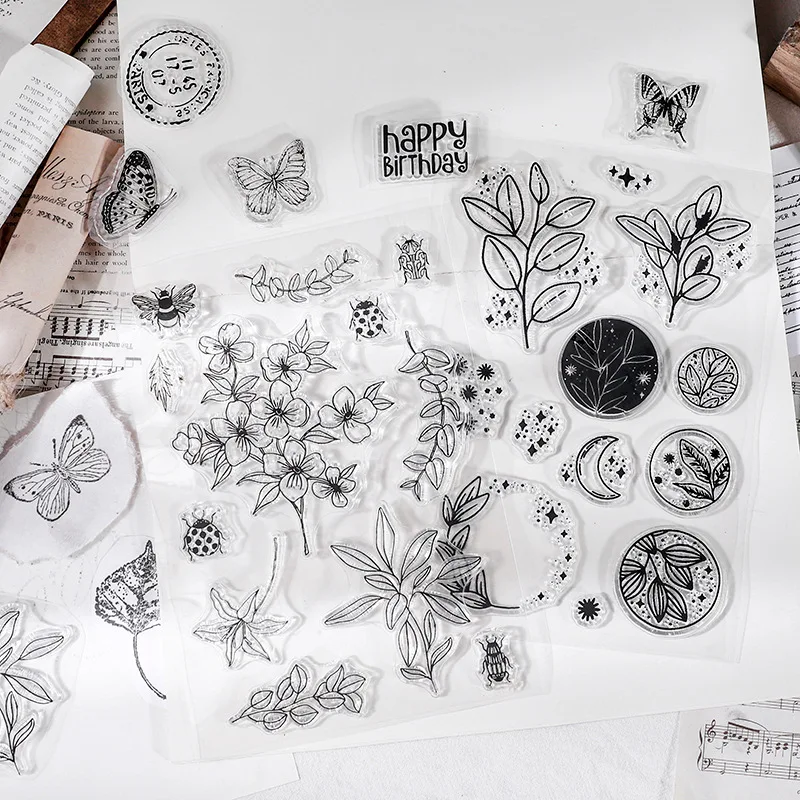 Винтажные силиконовые прозрачные штампы с изображением растений и бабочек для открыток, скрапбукинга