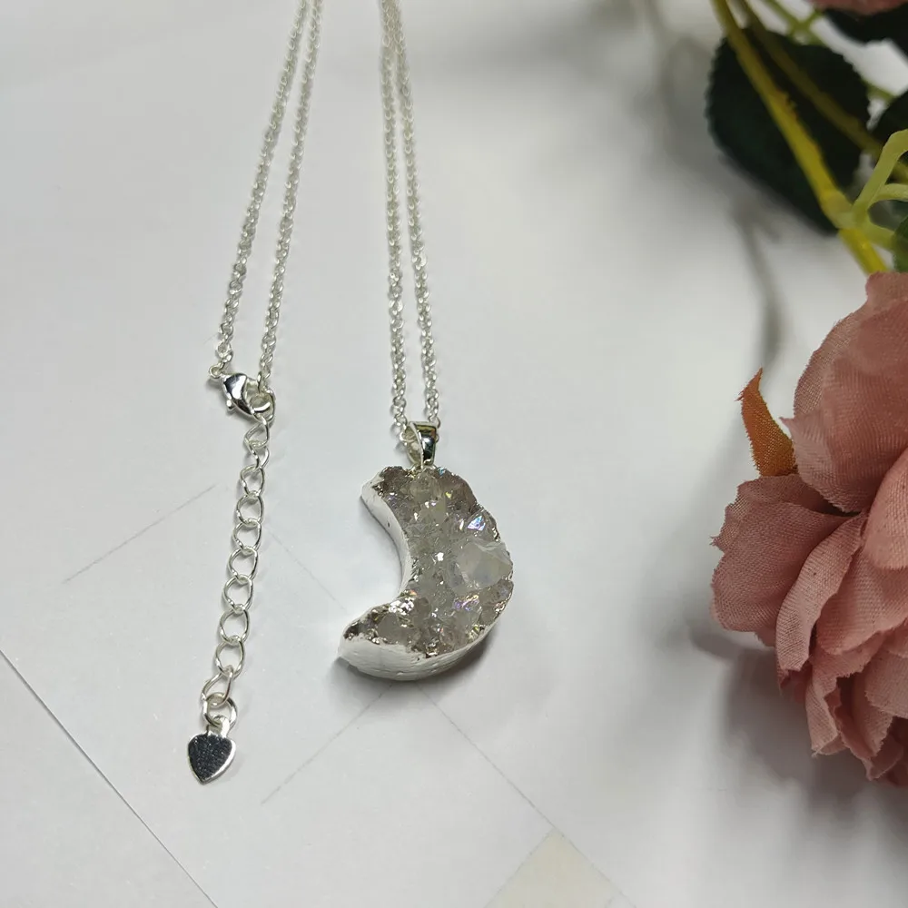 Покрытый серебром натуральный агат Druzy Луна подвеска для женщин ожерелье