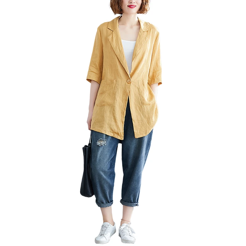 

Cotton Linen Thin Women Tailored Coat 2021 Summer New Design Loose Pocket Female Blazer Outwear Coat Tops