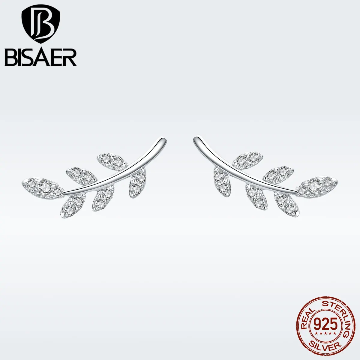 BISAER, 925 пробы, серебро, прозрачный, CZ, весенний лист, дизайн, женские серьги-гвоздики, женские свадебные Роскошные ювелирные изделия, серьги GAE031