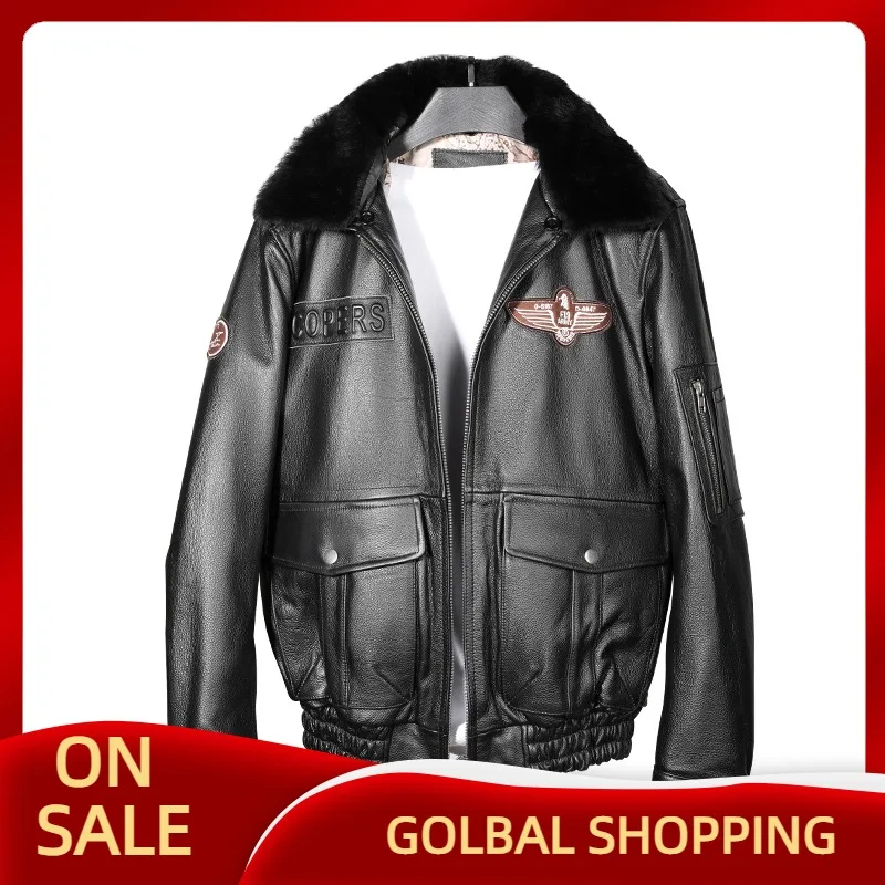 

Мужская кожаная куртка-пилот в стиле милитари, черная Осенняя авиационная куртка из натуральной воловьей кожи с шерстяным воротником, моде...