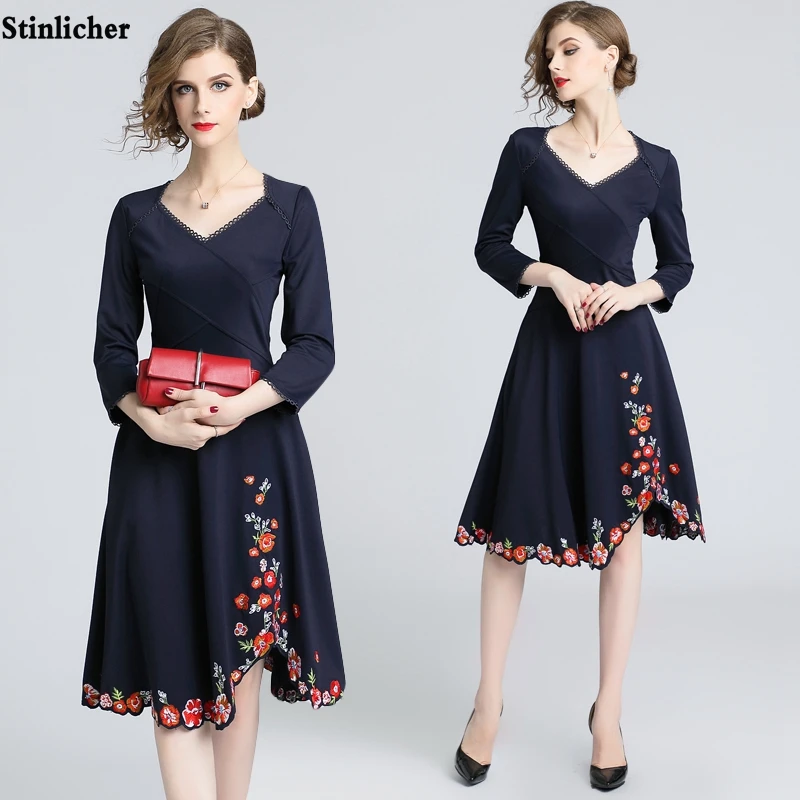 

Autumn Winter Elastic Flower Embroidered Dress Women Runway Elegant V-neck Irregular Office Ladies Work Midi Dress Vestidos Robe