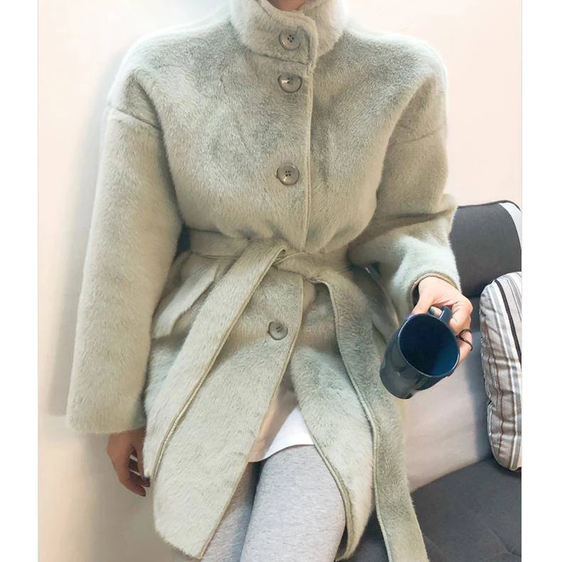 

Bella Philosophy 2019 Winter Thick Solid Women Fur Jacket Outwear Lady Faux Rabbit Fur Sashes Fashion Coats Female Warm Coats