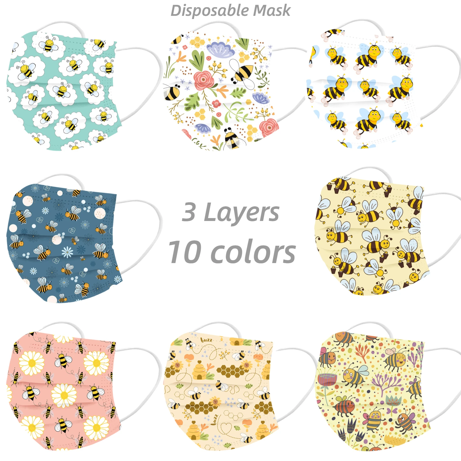 Маска для лица одноразовая 3-слойная с принтом пчелы 10 шт. |
