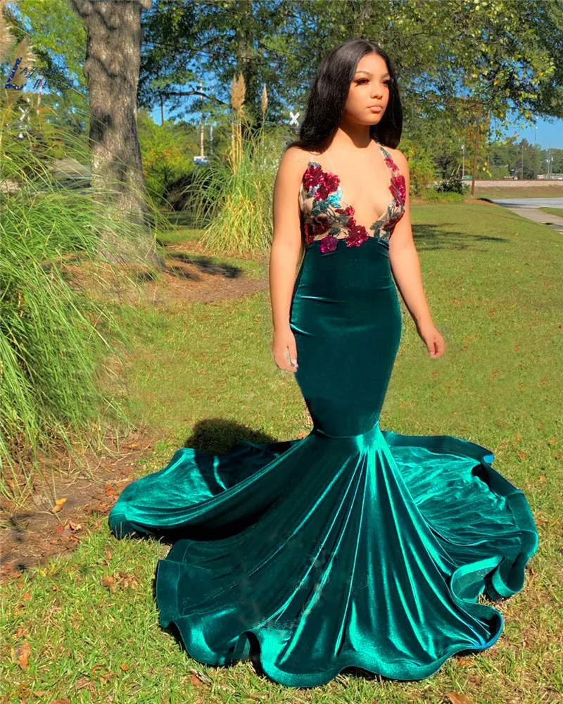 

Deep V Neck Green Velvet Mermaid Evening Dress Backless Colorful Appliques Long Special Occasion Dress Girl Graduation Prom Gown