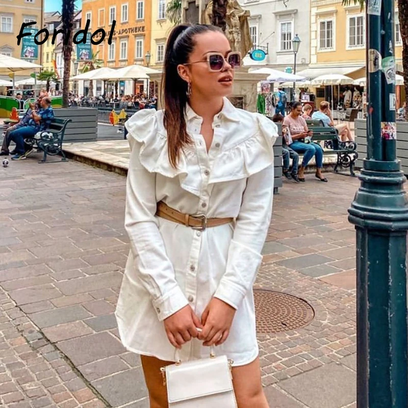 Женское джинсовое платье на пуговицах Foridol винтажное короткое с рюшами и