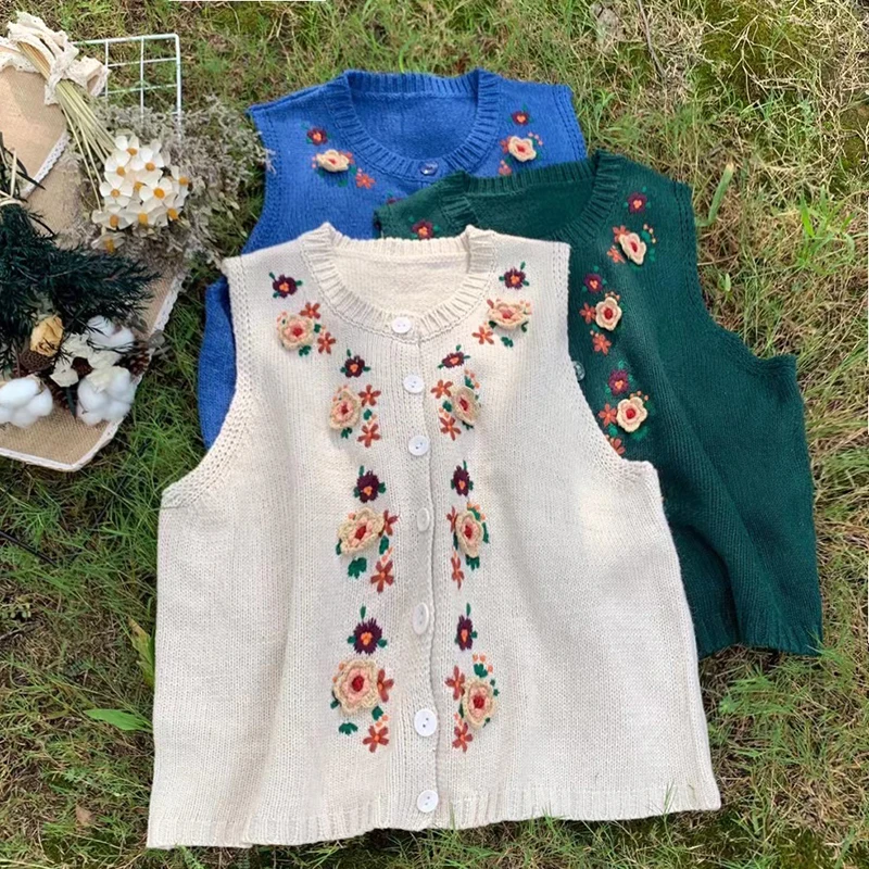 

2021 Mori Style Sweet Embroidered Flowers Knitted Vest Women Cardigan Sweater New Autumn Winter Wear Soft Tank Tops