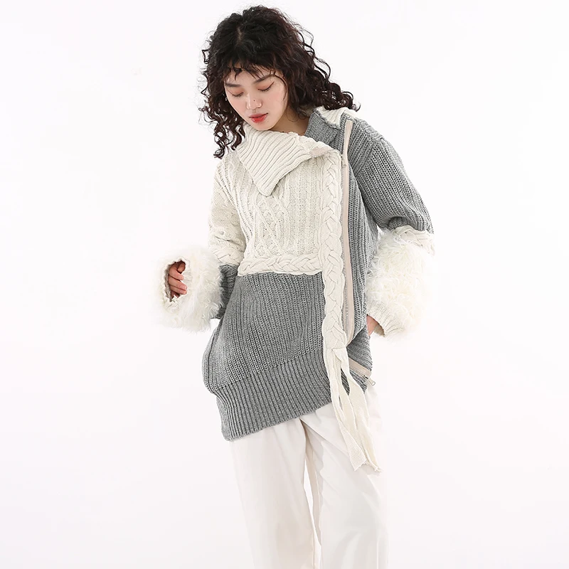 [EAM] Asymmetrical White Fur Big Size Knitting Sweater Loose Fit  Long Sleeve Women New Fashion Tide Spring Autumn 2021 1H20200