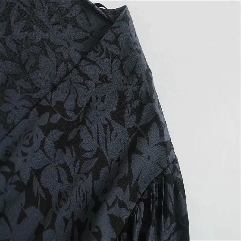 

2020 Za Retro Print Midi Dress Women V Neck Long Puff Sleeve Elastic Pleated Office Dresses Woman Front Button Elegant Vestidos