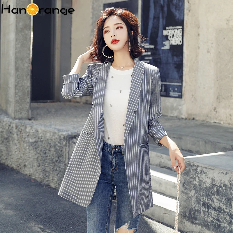 Женский Длинный блейзер с отложным воротником без пуговиц из хлопка и льна в