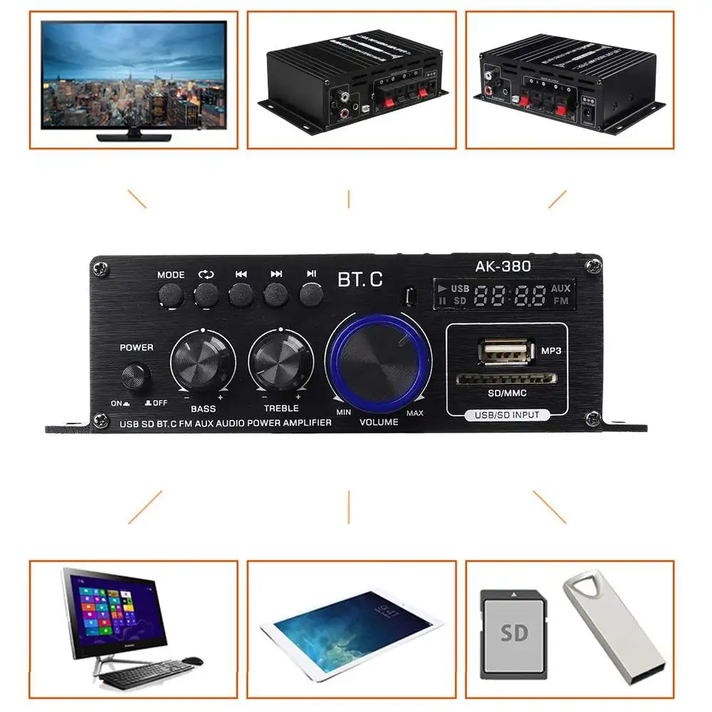 400W*2 Power Amplifier Audio Karaoke Home Theater Amplifier 2 Channel Bluetooth Amplifier Class D FM Radio USB/SD AUX Input