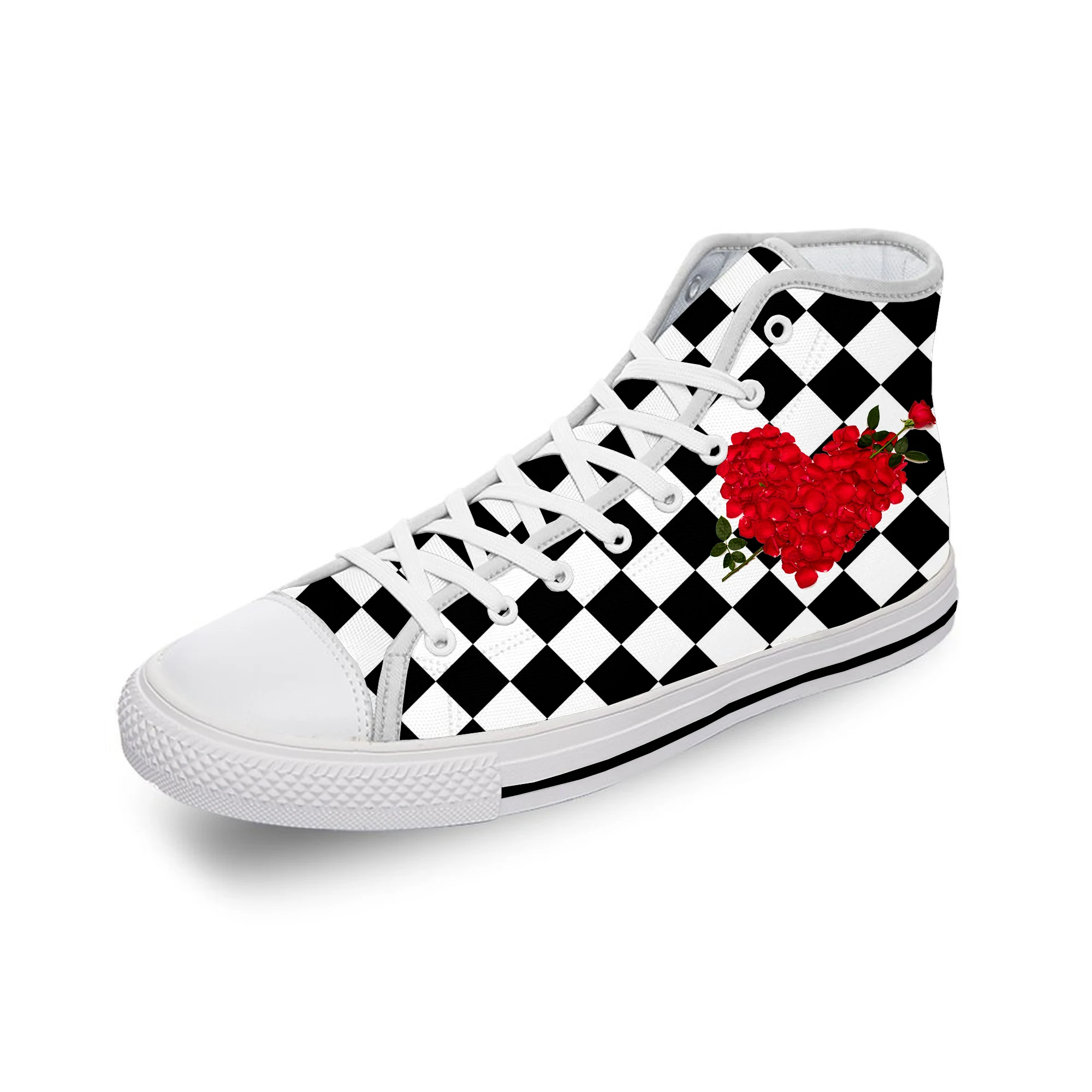 

Black And White Squares Rose Flower White Cloth Fashion 3D Print High Top Canvas Shoes Men Women Lightweight Breathable Sneakers