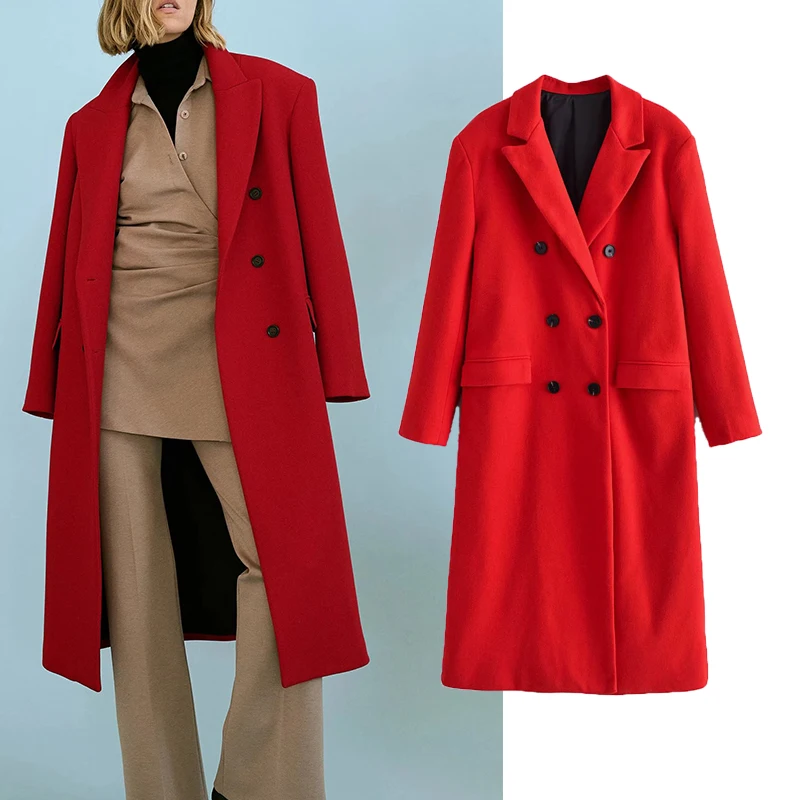 

ZA Fashion Winter Women Long Woolen Jackets Coat 2021 Double Breasted Thicken Long Sleeve Overcoat Vitnage Warm Street Outwear