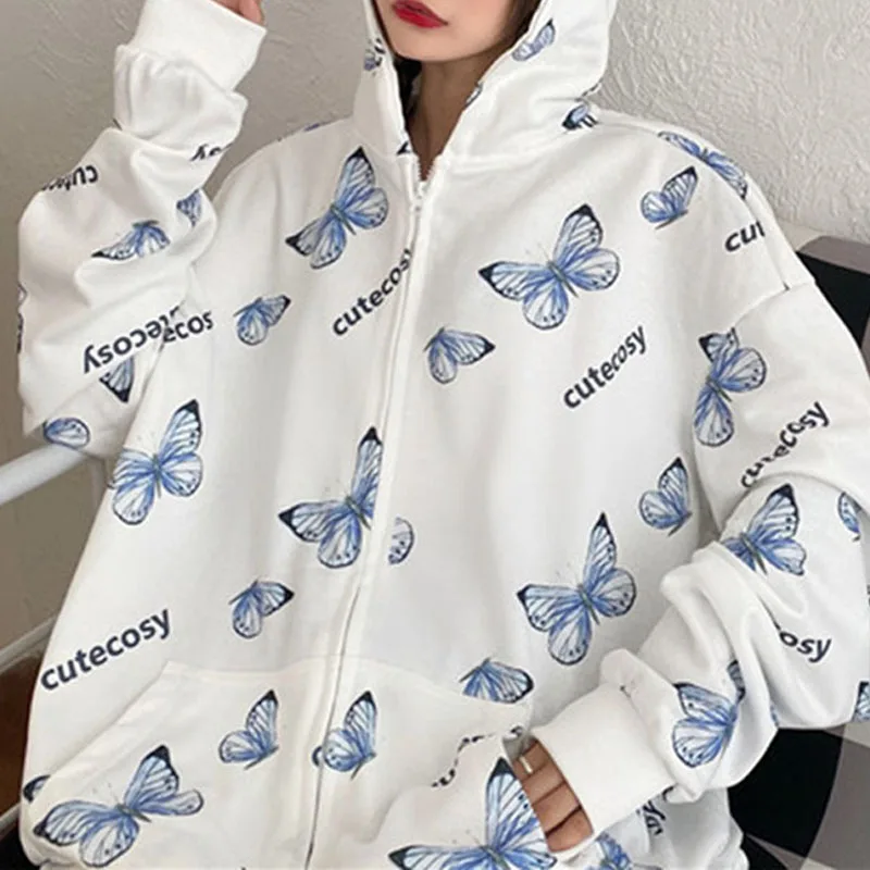 Butterfly Print Zipper Casual grunge Streetwear Harajuku y2k Oversized hoodie Winter Long Sleeve Kawaii Women sweetshirts Top