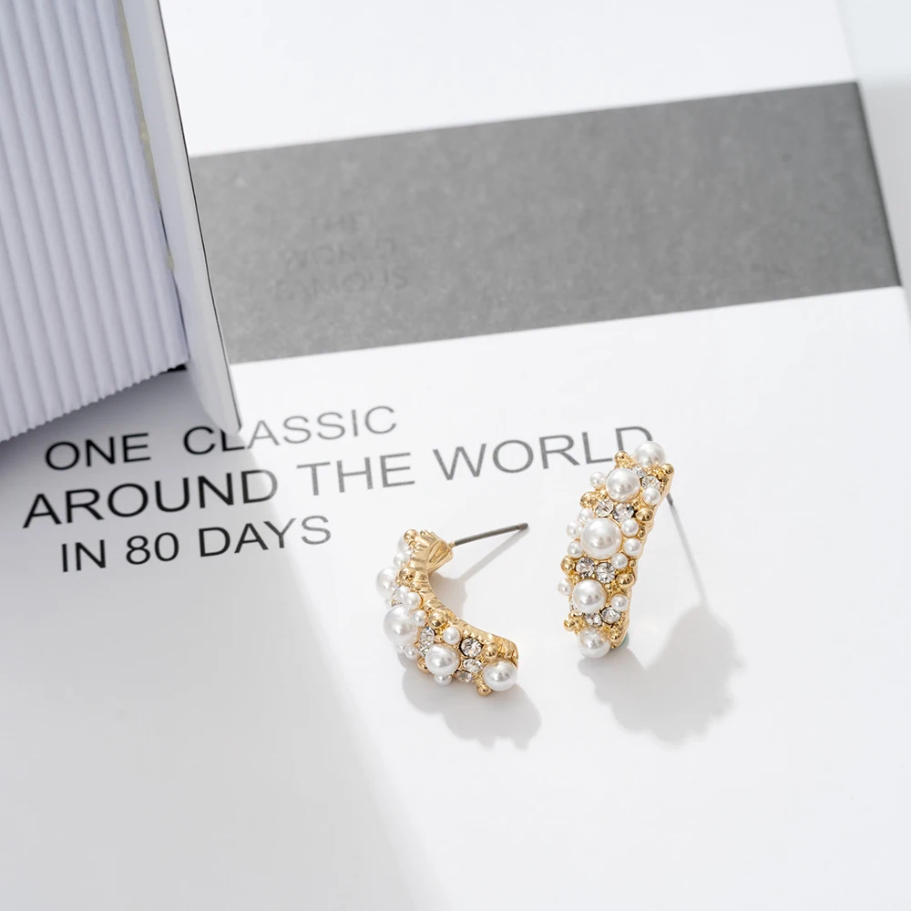 

Jaeeyin 2021 Fashion Rectangle Curved Earrings White Pearl Clear Rhinestone Gold Color Cute New Arrivals Gift For Women Girls