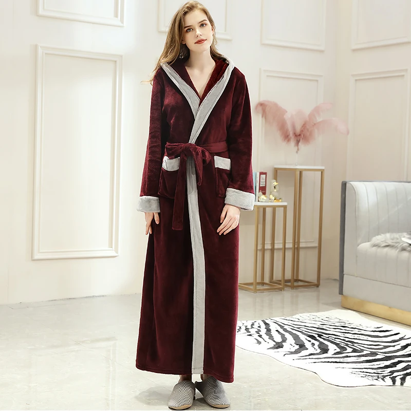 Women Hooded Wine Мужской зимний теплый фланелевый Халат с капюшоном больших размеров, удлиненный халат из кораллового флиса для ванной, Ночная одежда для сна для женщин - Цвет: Women Hooded Wine