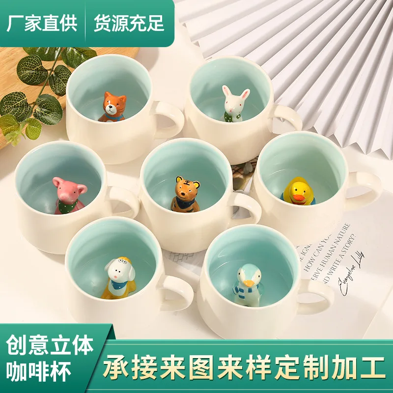 

New creative ceramic cups with cute cartoon scenes and handles for women's cups