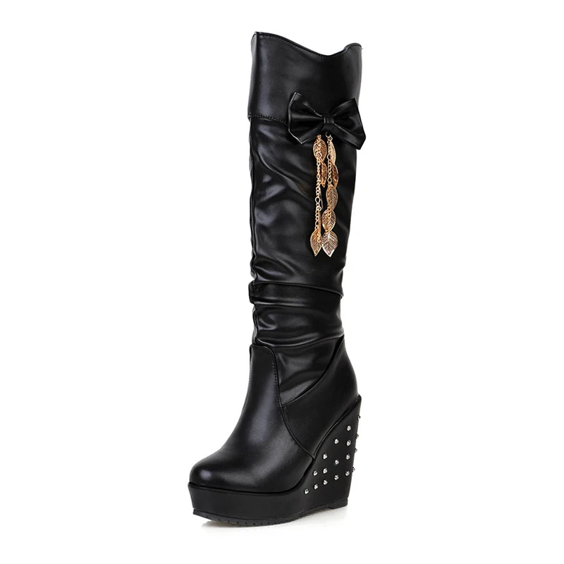 

Winter For Woman New Fashion Sexy Pointed Toe Shoes White Apricot Boots Wedges Knee high boots