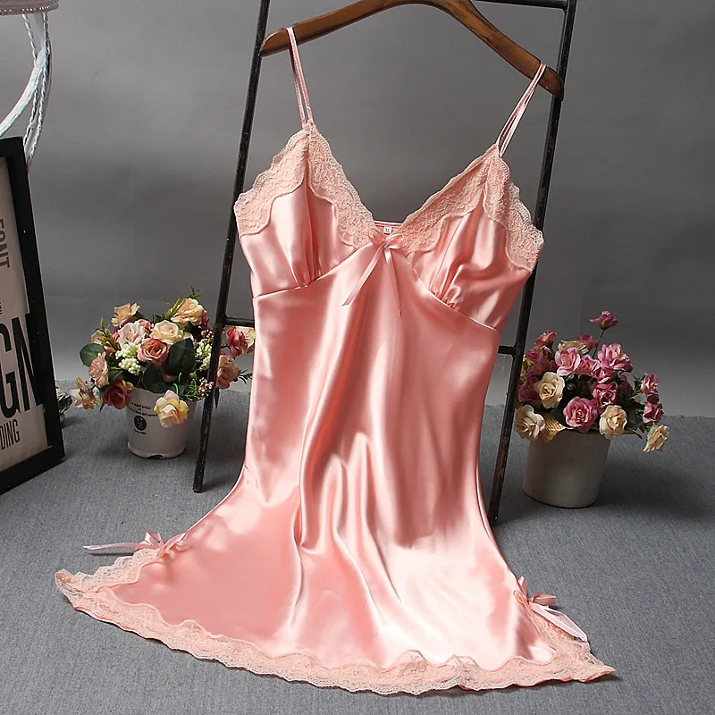 

Lace Deep V-neck Nightdress Sexy Lingerie Nightgowns Sleepwear Night Dress Women Sleeveless Nightwear Faux Silk Satin Nightshirt