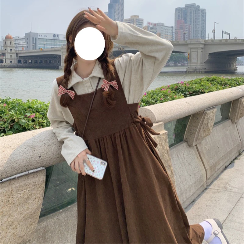 

Japanese Women Corduroy Long Dress Casual Bandage Vintage Strap Overalls Mori Girl Cute Sleeveless Brown Black Suspender Dresses