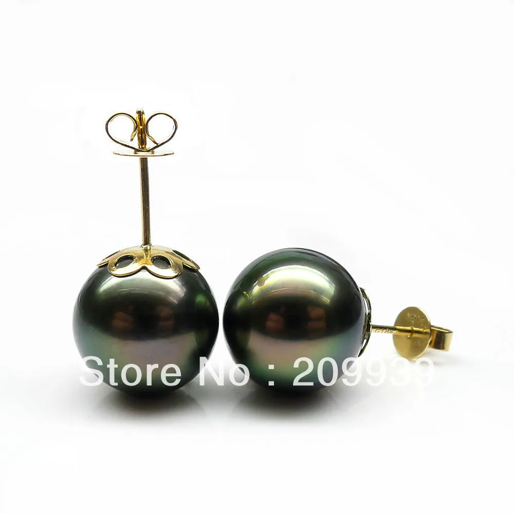 

TOP QUALITY AAA 11.3MM PEACOCK TAHITIAN GENUINE PEARL GOLD STUD EARRINGS