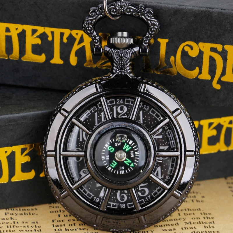 Винтажные в форме компаса дизайнерские карманные часы с полым скелетом, Черный Звездный круглый циферблат, антикварные подвесные часы, подарки