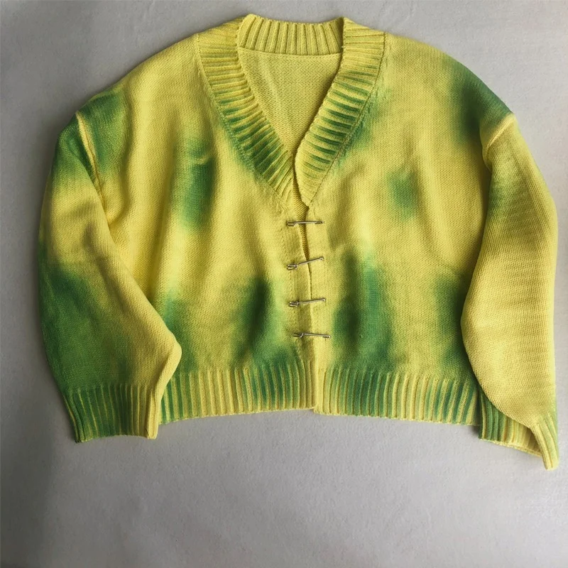Женский свитер с брошью Повседневный свитер-кардиган желтого и зеленого цветов