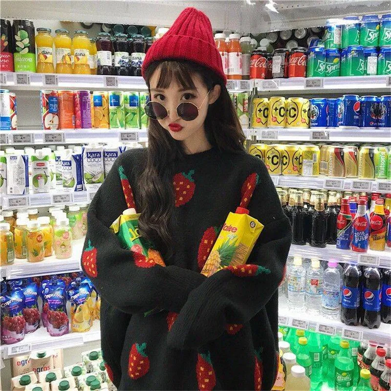 Cute Korean Fashion Ladies Full Sleeve Women Knitting Sweater O-Neck Pullover And Jumper Loose Fruit Print | Женская одежда
