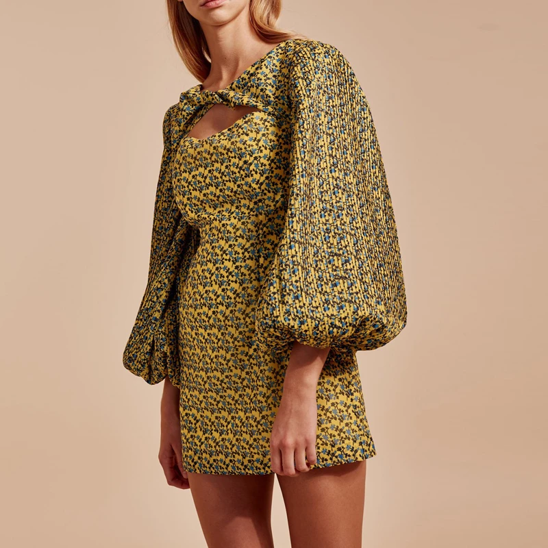 Женская одежда с рисунком круглый вырез полый фонарь длинный рукав фонарик