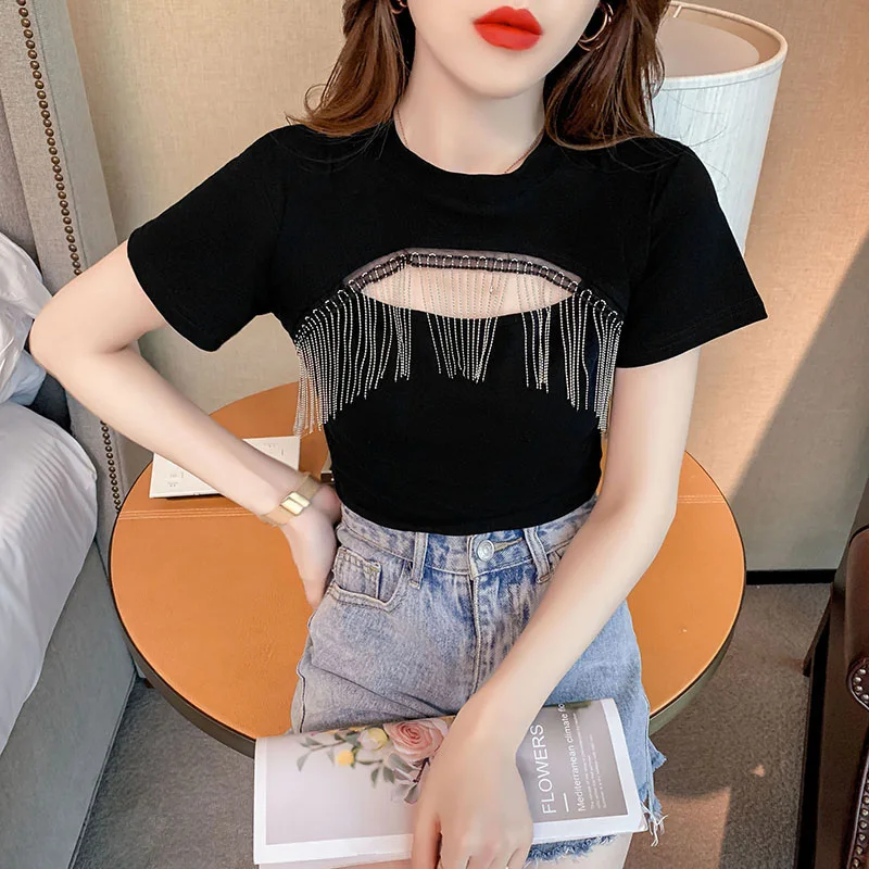 #6024 White Pink Black Short T Shirt Women Hollow Out Tassels Sexy Club Short Sleeve T Shirt Slim Women Tee Shirt O-Neck
