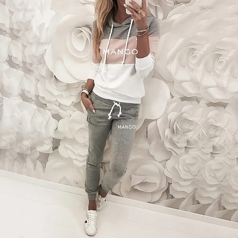 

GuugDa Women's Hooded Tracksuit and Casual pants Sweater Striped Stitching Suit Fashion Running Suit Hoodies vetement femme 2021