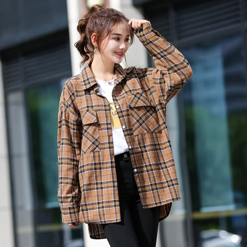 Женская Длинная блузка на пуговицах свободная в клетку с принтом одежда для