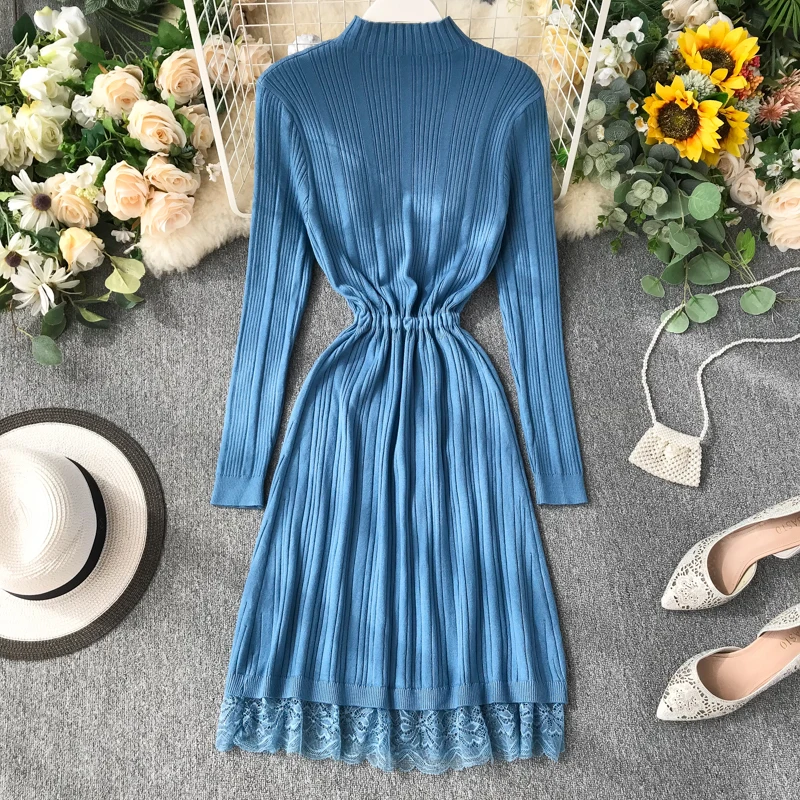 JoinYouth кружевные лоскутные вечерние платье Винтаж однотонный корейский вязаный