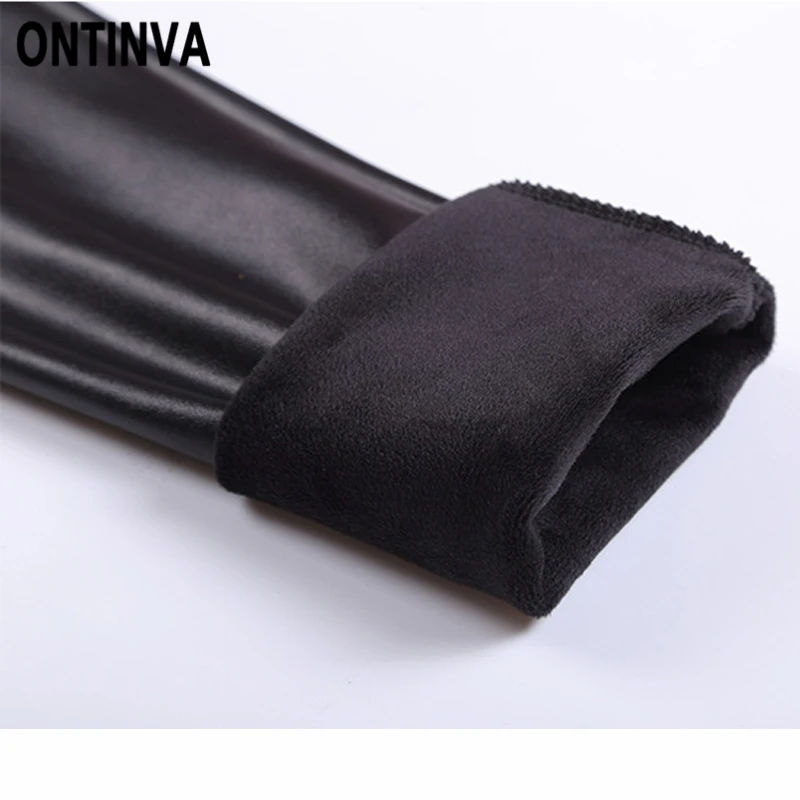 Зимние плотные флисовые леггинсы из искусственной кожи женские эластичные