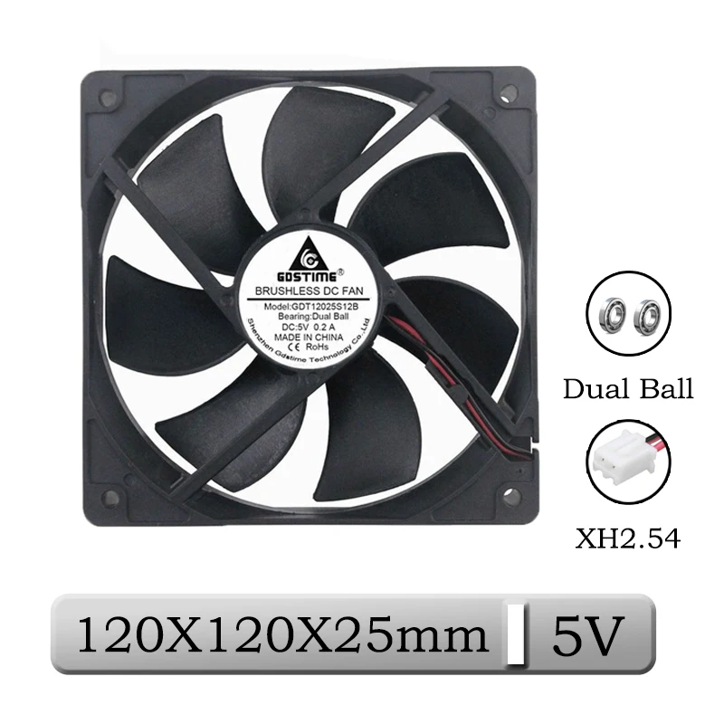 1 шт. Gdstime DC 5 в 120x120x25 мм 12 см 12025 а Бесщеточный Охлаждающий вентилятор с двумя шариками для ПК 120 мм x 25 мм S мм 2 контакта чехол для процессора кулер